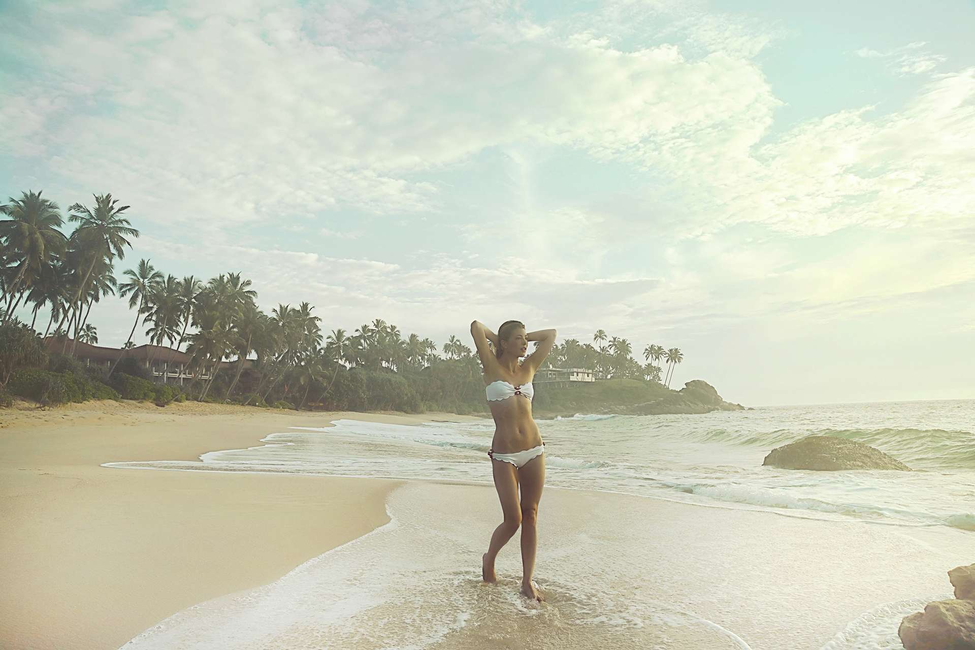 Tanja Gacic wearing a strapless Marysia swim bikini at Anantara Peace Heaven resort in Sri Lanka